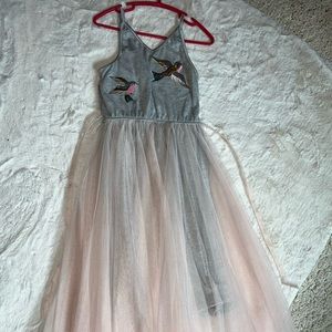 RMLA size 7 tank dress . Sequin birds.  Grey cotton with long pink tulle .